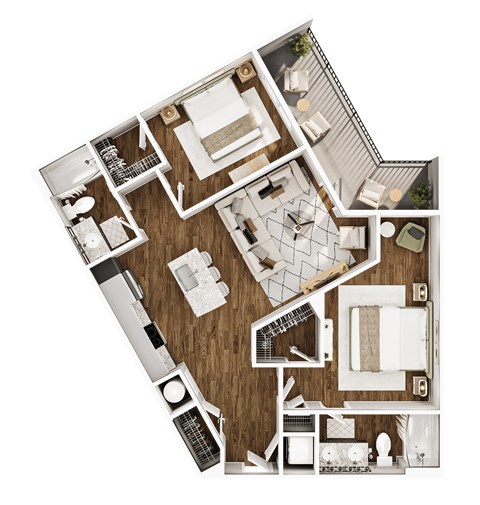 Floor plan for 2 beds, 2 baths, 1001 sqft